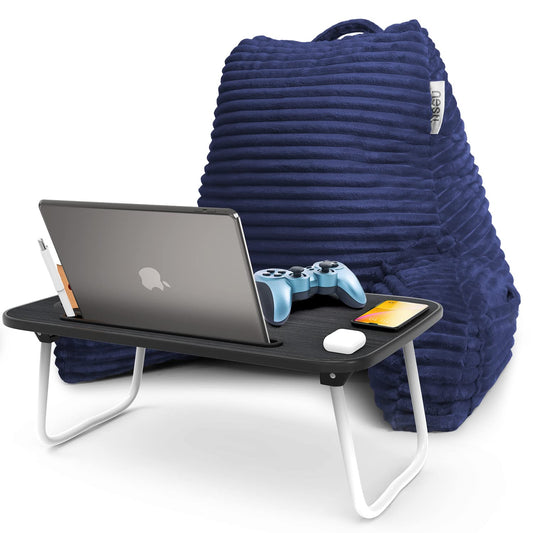 Nestl Navy Blue Reading Pillow with Bed Desk for Laptop and Writing, Luxe Cut Plush Back Pillow for Sitting Up, Back and Arms Adjustable Support for Adult and Teens, Foldable Lap Desk for Bed 22x14”
