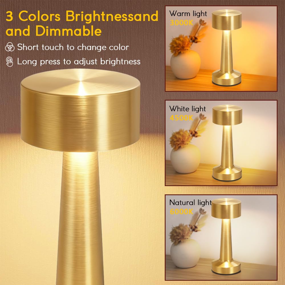 HPUFKOT Portable LED Table Lamp, 3-Levels BrightnessMetal Desk Lamp,3 Color Touch Control RechargeableLamp, Ideal Bedside Lamp for Nightstand, Bedroom,Living Room (Light Golden)