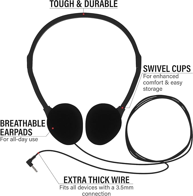 Maeline Bulk Classroom Student Headphones On Ear Stereo Headphones Flexible Adjustable Band for Kids Online Learning, Library, School, Airplane, Travel - 3.5mm Plug - 20 Pack - Black
