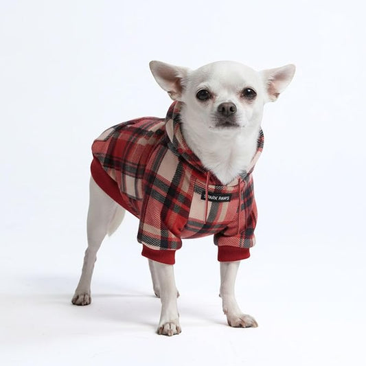 Spark Paws Dog Hoodie – Premium Dog Sweater for Small, Medium, and Large Dogs | Warm Outfits for French Bulldogs, Pitbull, Puppy, Winter Jacket Alternative - Red Plaid, S