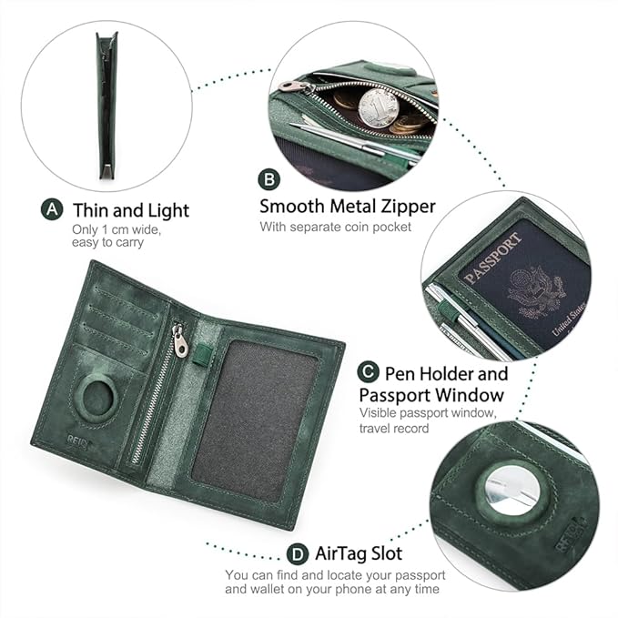 CONTACTS Full Grain Leather Airtag Passport Holder RFID Blocking Travel Passport Wallet Slim Passport Cover Case with 4 Card Slots, Coin Pocket (Badge, Green)
