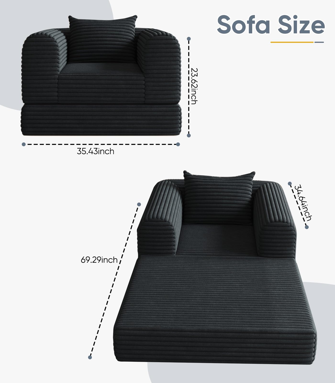 Versatile 2 in 1 Boneless Armchair Chaise Lounge Chair Indoor, Convertible Sleeper Chairs Couch Folding Sofa Bed Oversized Comfy Futon Floor Sofa BeanBag for Reading Nook Living Room Bedroom