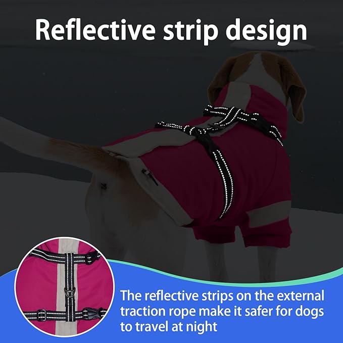 MIGOHI Reflective Dog Winter Coat,Warm Dog Jacket with Harness,Fleece Jacket for Large Dogs,Waterproof Pet Puffer Jacket Snowsuit,Windproof Pet Clothes for Cold Weather,Australian Shepherd,XL,Rosered