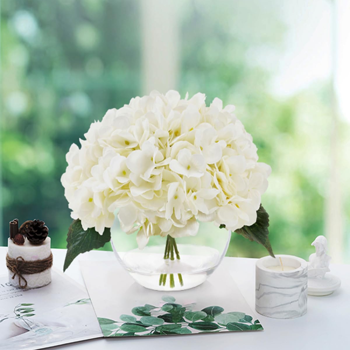 JOJOWOO Silk Hydrangea Flowers in Vase, Small Silk Flowers in Vase with Faux Water for Home Decor Wedding Table (Cream White)