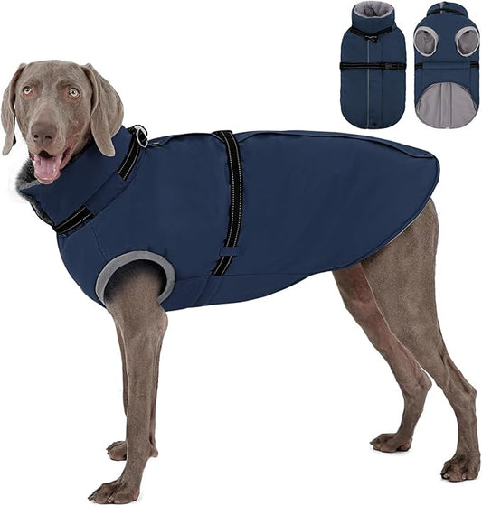 AOFITEE Dog Coat, Warm Dog Jacket Winter with Harness Built in, Waterproof Pet Snow Coat with Zipper on Back, Fleece Pet Sweater Puffer Jacket Snowsuit for Extra Large Dogs, Blue XXXL