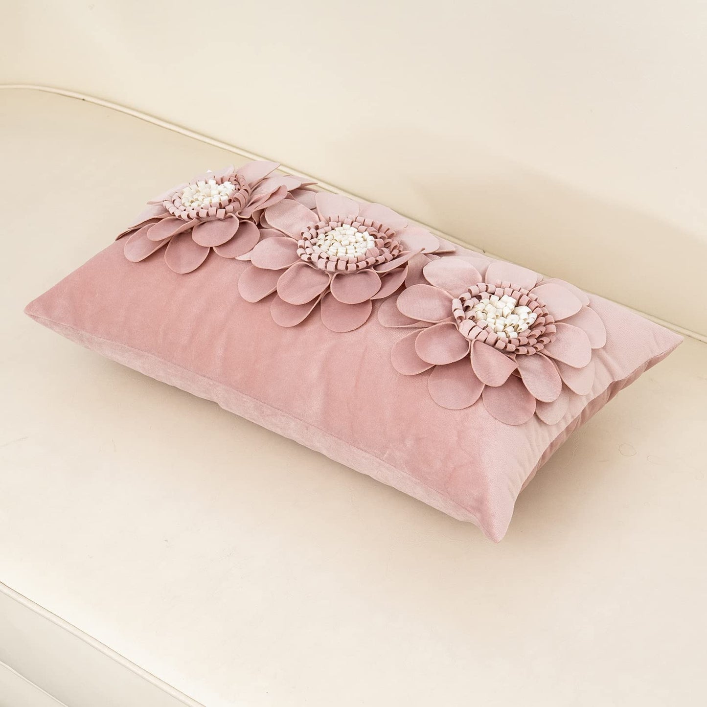 Alerfa 3D Flower Handmade Throw Pillow Cover Decorative Pink Velvet Pillowcase Cushion Cover with Hidden Zipper for Couch Bed Living Room Home Decor 12x20 Inches
