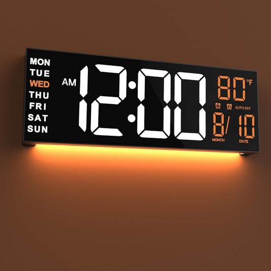 JALL 16" Large Digital Wall Clock with Remote, Big LED for Seniors, Auto Dimming, 8 RGB Colors, Night Light, Count Down Timer, Alarm, DST, Temperature for Living Room, Back to School Classroom