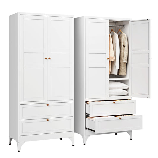 Letaya Metal Armoire Wardrobe Closet with 2 Drawers,18" Deep Clothing Storage Cabinet with Doors and Shelves,Coat Closet with Hanging Rod,Bedroom,Home,Cloak Room,White