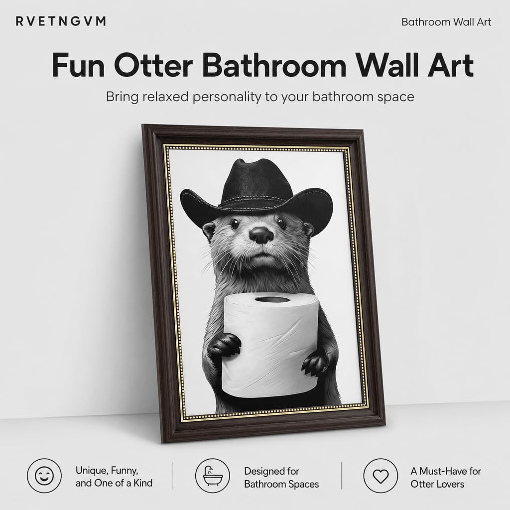 RVETNGVM Funny Otter Bathroom Wall Art - Cowboy Otter with Toilet Paper Print, Black and White Whimsical Animal Art for Guest Bathroom, Otter Lover Gift, Humorous Bathroom Decor 9x11 Inch