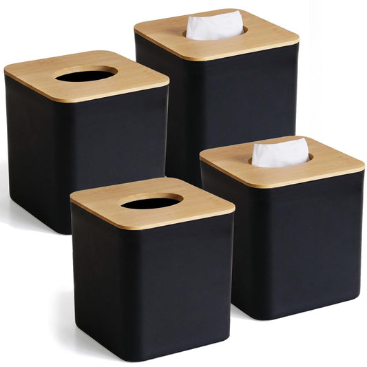 4 Pack Black Tissue Box Cover Square with Bamboo Cover Plate, Cube Modern Decorative Facial Tissue Cover Tissue Holders for Bathroom Bedroom Living Room Office