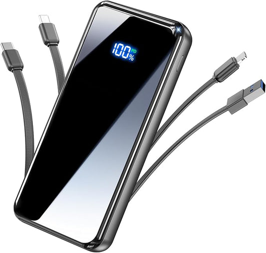 Portable Charger,50000mAh Power Bank Built-in Cable, 22.5W PD USB C in & Out Fast Charging, External Battery Pack with 6 Output & 2 Input, Travel Essential for iPhone 17/16/15/14/13/12-Grey