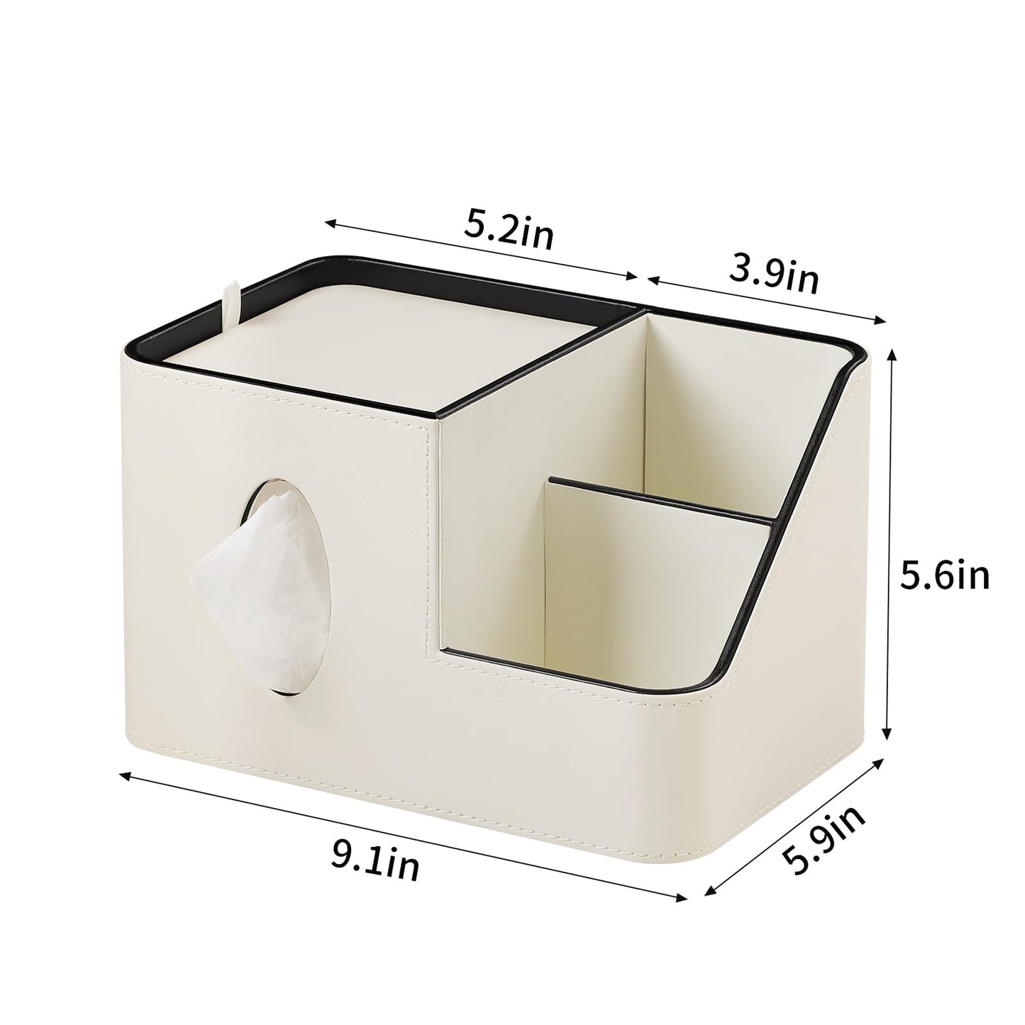 PU Leather Square Tissue Box Cover with Magnetic Closure, Tissue Holder with Storage Tray & Remote Control Organizer, for Nightstand, Living Room, Bathroom, Office Desk (White)