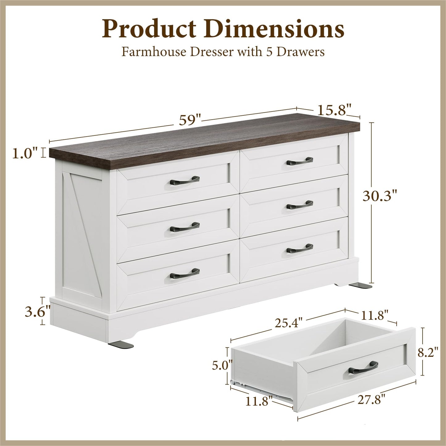 AODK Farmhouse 6 Drawer Dresser for Bedroom, White 59" Wide Engineered Wooden Chest of Drawers with Thick Board, Metal Handles, Modern Storage Cabinet for Living Room, Entryway, Walnut Top