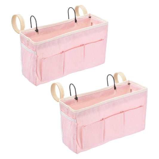 uxcell 2Pcs Bedside Caddy, 3 Pockets Bedside Storage Organizer with Strap and Hooks, Hanging Storage Bag with Water Cup Holders for Home Bunk Bed Dorm, Gray