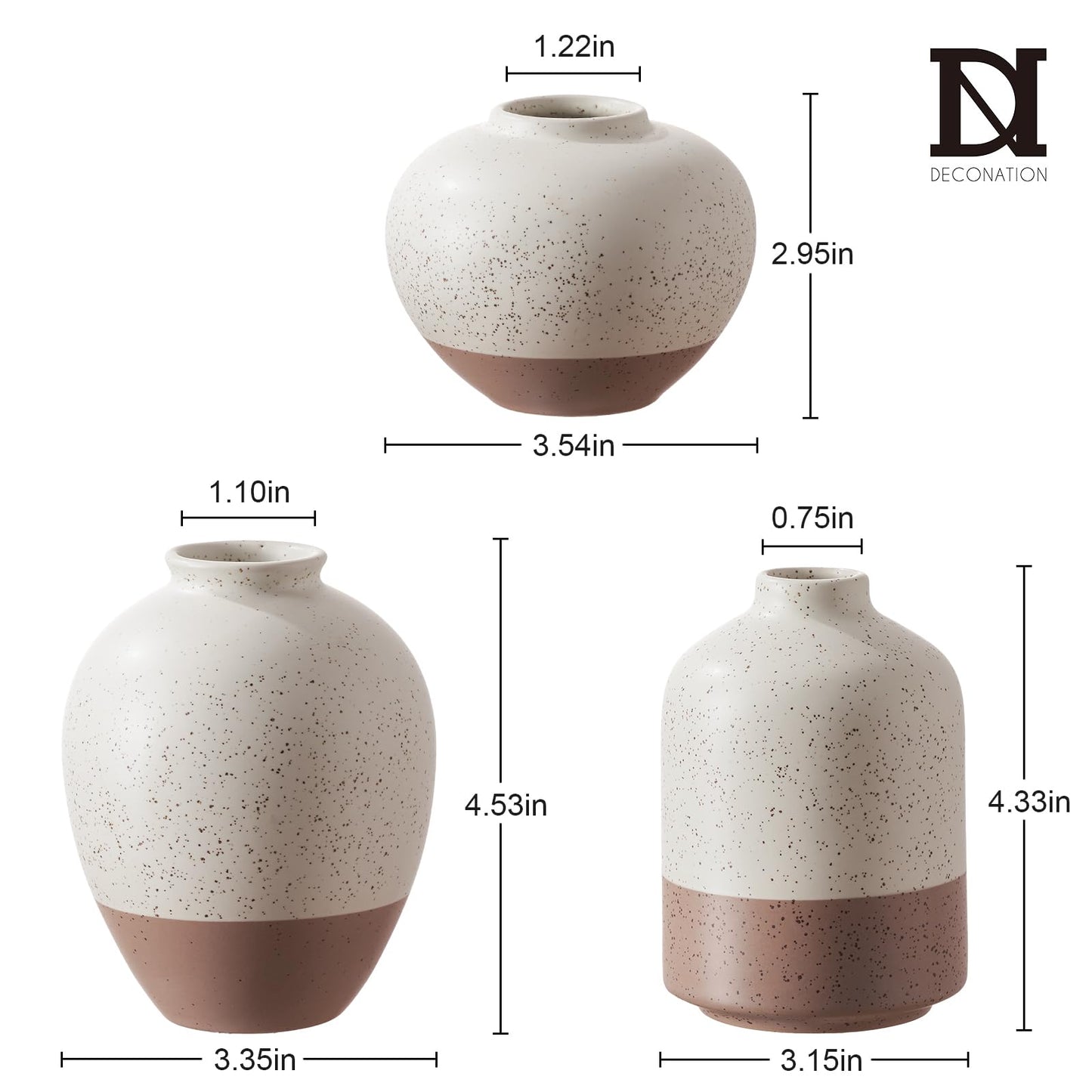 Ceramic Vase Set of 3, Vases Home Decor Rustic Farmhouse Decor, Small Pottery Vases for Bouquet Pampas Grass Dried Fresh Flowers, Living Room, Kitchen, Bedroom, Bathroom, Mantel Decor - Beige&Brown