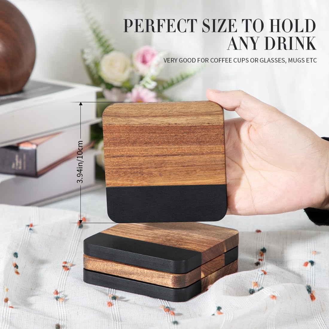 LiWiBet Acacia Wood Black Marble Coasters for Drinks Set of 4, Square Non-Slip Wooden Stone Coaster Coffee Table Accessories Manly Coaster for Men Coffee Table, Bar, Office - Rustic Modern Style