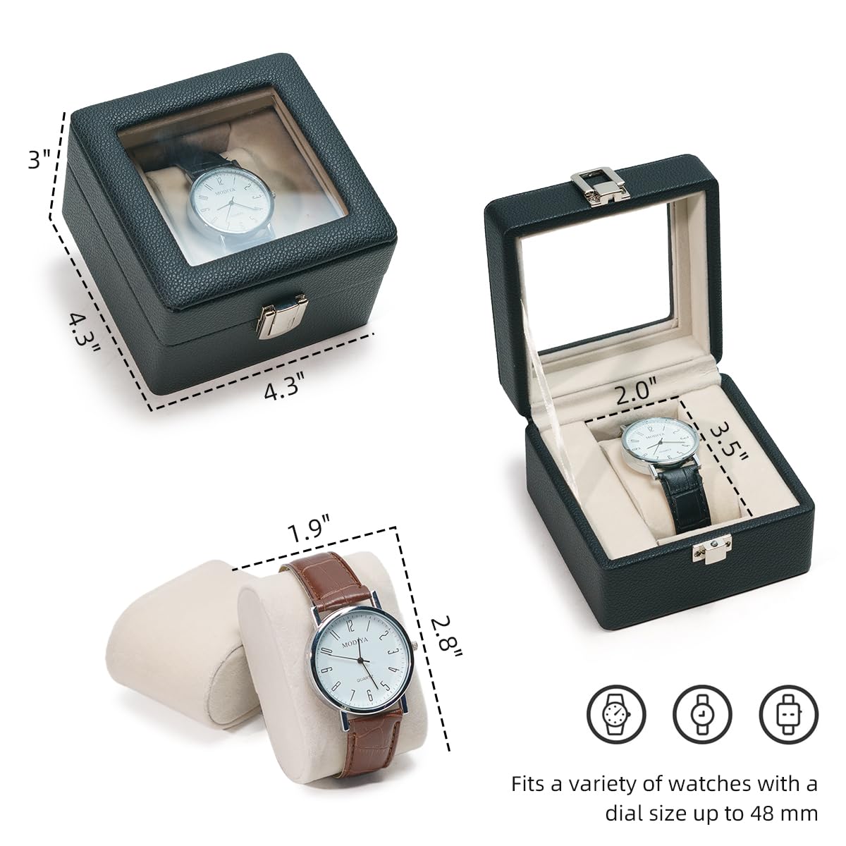SORNDIF Watch Box, 1 Slot Watch Display Case for Men & Women, Removable Pillows, Clear See Through Lid, Watch Storage Watch Holder Organizer, Beige Soft Velvet Lining, Leather Surface (Black)