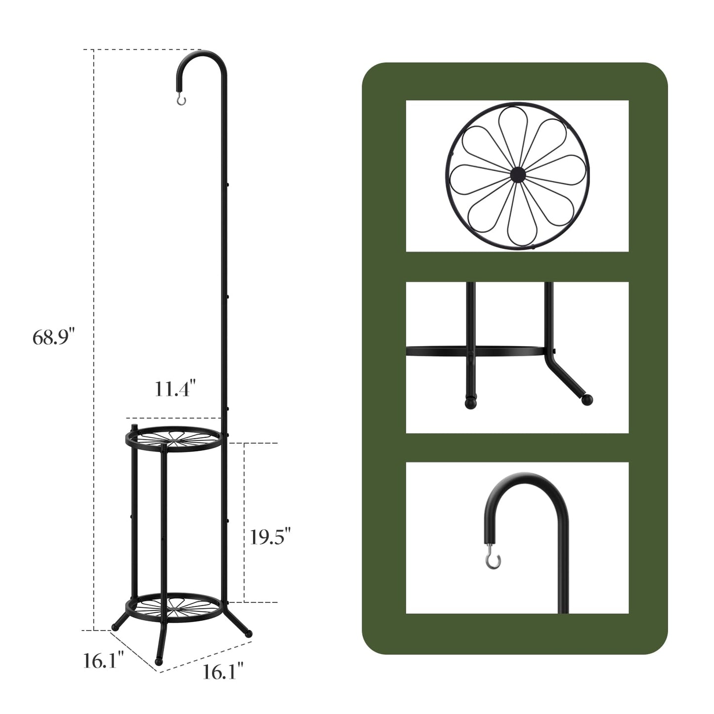 PULIJIAJU 2-Tier Metal Plant Stand with Hanging Hook, Space-Saving Iron Plant Shelf, Heavy Duty Corner Plant Stand ,Planter Holder for Bedroom Balcony Living Room Patio Garden(Hook Style)