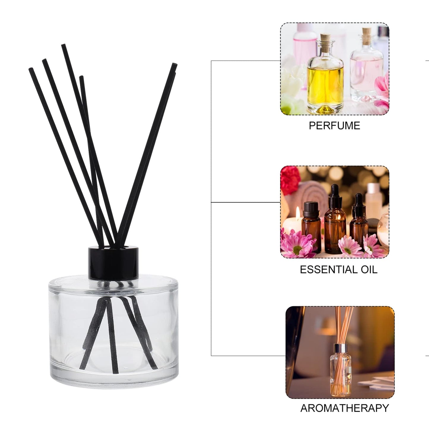 1set Glass Bottles Reed Diffuser Bottle Black Rattan Sticks Refillable Perfume Diffuser for Home Car Living Room Decor and Spa