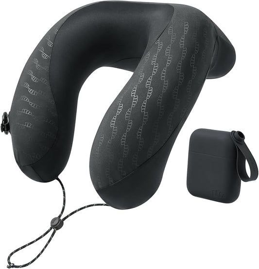BENEUNDER Travel Neck Pillow for Airplane, Inflatable Compact 360°Head Support Pillow, Comfortable Breathable Cover for Travel, Train,Car with Storage Bag, Black