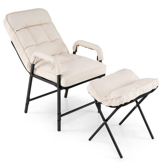 Giantex Modern Accent Chair with Ottoman, Upholstered Arm Chair with Adjustable Backrest & Solid Metal Frame, Linen Fabric Single Sofa Chair and Footrest Set for Bedroom, Living Room (Beige)