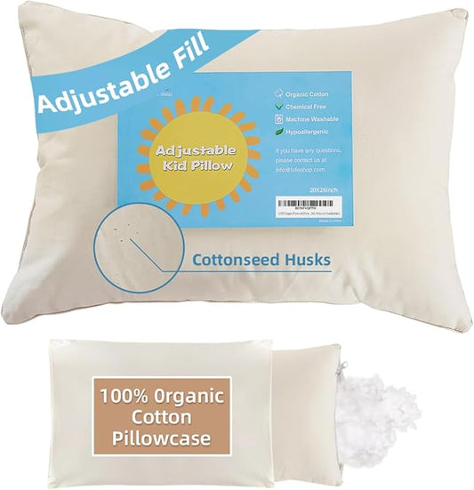 LOFE Organic Pillow with Pillowcase - 20x26 Youth Pillow with 100% Organic Cotton Shell, Adjustable Loft Organic Standard Plilow, Machine Washable, Soft, Perfect for Youth&Adults