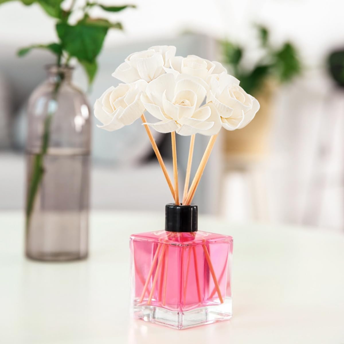 YOLUFER 5 Pcs Flower Scent Diffuser, Natural Flower Scent Oil Diffuser Sticks, Aromatherapys Reed Flowers for Home, Bathroom, Office (Camellia), White, KA027-YON-YB