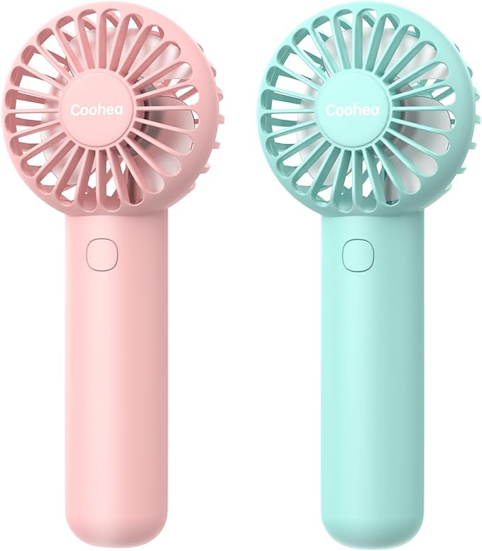 Coohea 2-Pack Pink & Blue Handheld Fan, Small Cute Design, 3 Powerful Speeds, Operated by USB/Rechargeable Battery, Personal Portable Fan with Base & Lanyard, for Eyelash Makeup Travel Beach Office