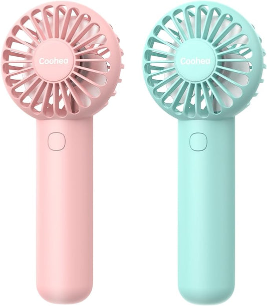 Coohea 2-Pack Pink & Blue Handheld Fan, Small Cute Design, 3 Powerful Speeds, Operated by USB/Rechargeable Battery, Personal Portable Fan with Base & Lanyard, for Eyelash Makeup Travel Beach Office