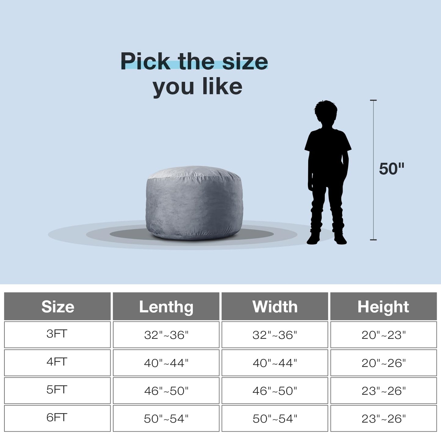 EDUJIN Bean Bag Chair, Memory Foam Bean Bag Chairs for Adults, Soft Velvet Cover, Stylish Beanbag Sofa for Living Room, Convenient Pocket & Pull-Handle Design - 3 Foot, Grey