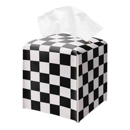Black and White Checkerboard Tissue Box Holder, Modern Leather Tissue Box Cover Square, Waterproof Facial Paper Organizer Dispenser for Home Bathroom Bedroom Night Stand Office Countertop -024