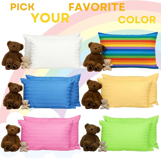 kinder Fluff Pre-Teen Pillow (2Pack) 17x26in - Pillows for Kids Age 12+, 100% Cotton Sateen Stripes 300T, Down Alternative Fill, Machine Washable - Children, Decor & Travel Cushion - Rainbow - XL