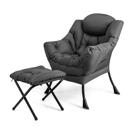 KOMFOTT Lazy Chair with Ottoman, Leisure Upholstered Reading Sofa Chair with Armrests & Side Pocket, Modern Lounge Accent Chair with Folding Footrest for Living Room, Bedroom, Balcony, Grey