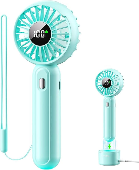 Handheld Fan with 𝗪𝗶𝗿𝗲𝗹𝗲𝘀𝘀 Charging Base, 3 Speeds Portable Fan with Digital Display, 2000mAh Battery Operated Hand Held Fan, Handheld/Desk 2 in 1 Personal Fan Lash Fan Makeup Fan (Blue)