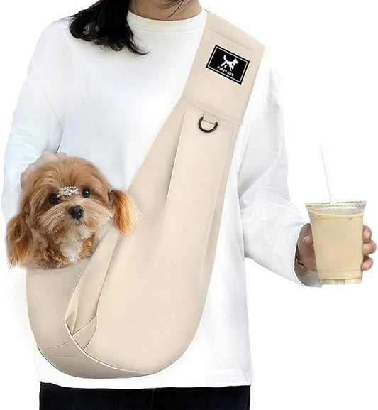 PAWPUBBY Dog Sling Carrier, Hands-Free Puppy Carrier Bag for Small Dogs & Cats 3-10 lbs, Adjustable Padded Shoulder Strap, Double Safety Buckles, Soft Pet Sling for Outdoor Travel, Apricot, M