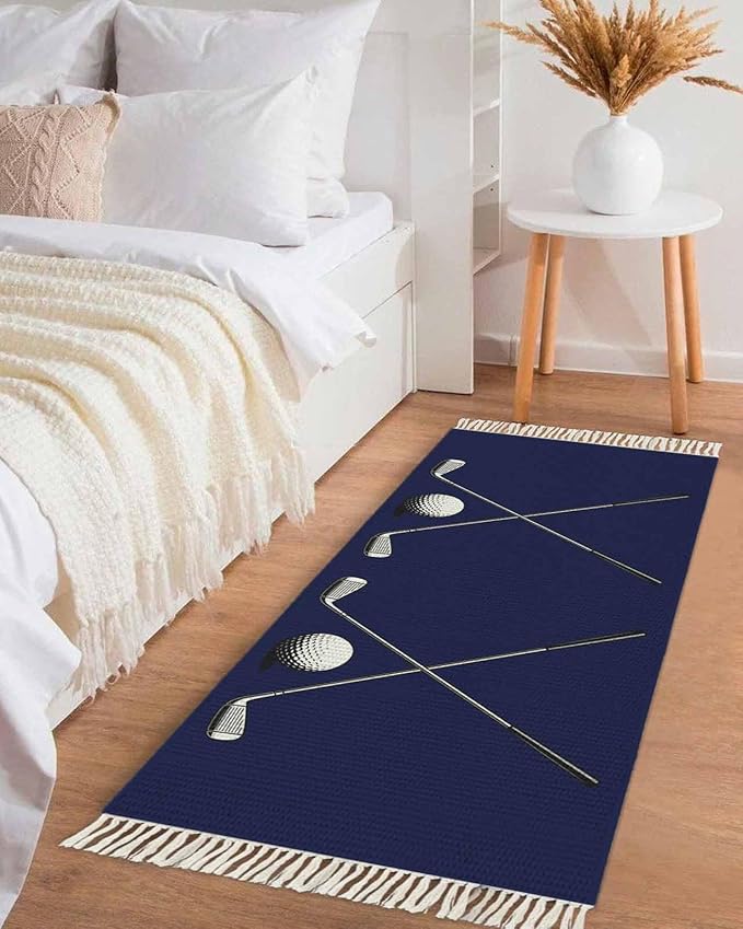 Navy Blue Runner Rug 2X4 Ft Entryway Outdoor Indoor Mat, Washable Woven Sports Golf Ball Throw Carpet with Tassel, Non-Shedding Modern Minimalist Art Hallway Bath Mats