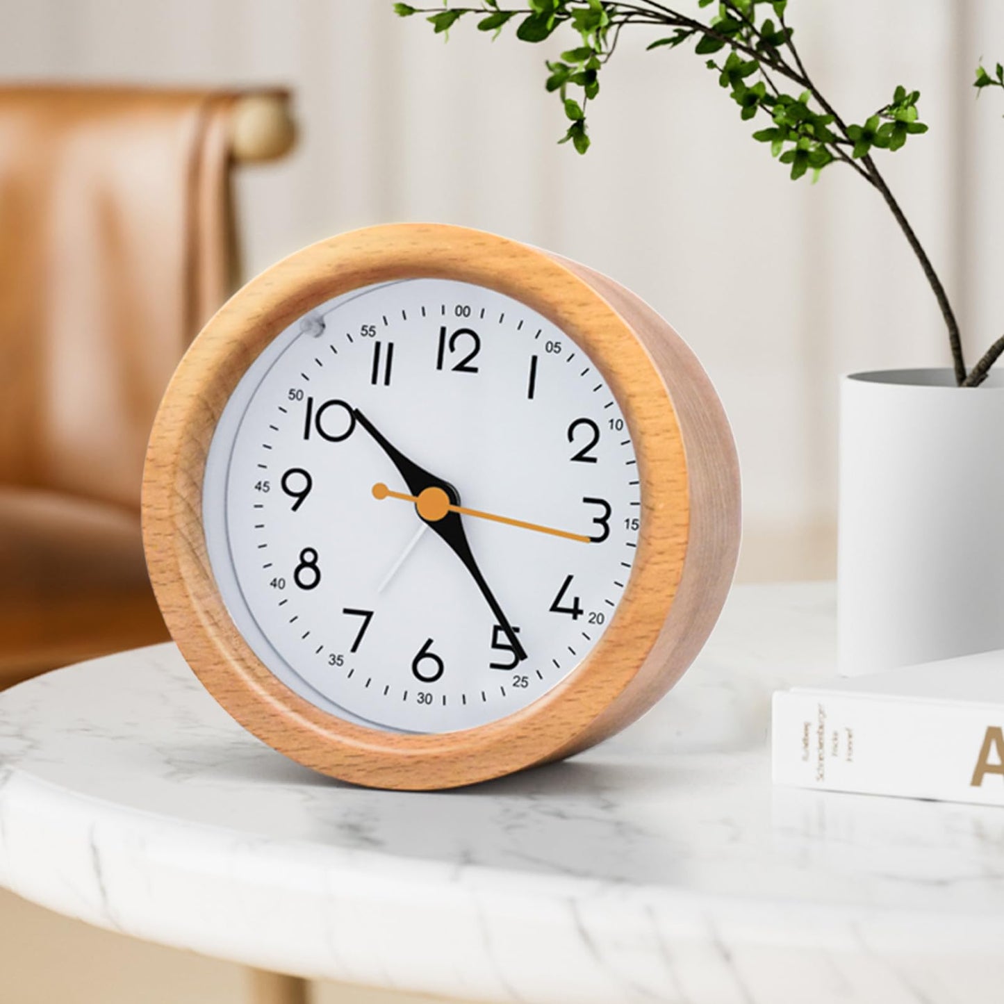 Oxmidud 4'' Natural Wooden Analog Alarm Clock with Soft Night Light - Battery Operated Non-Ticking Silent Tabletop Minimalist Desk & Bedside Clock for Bedrooms Living Room Home Office Decor