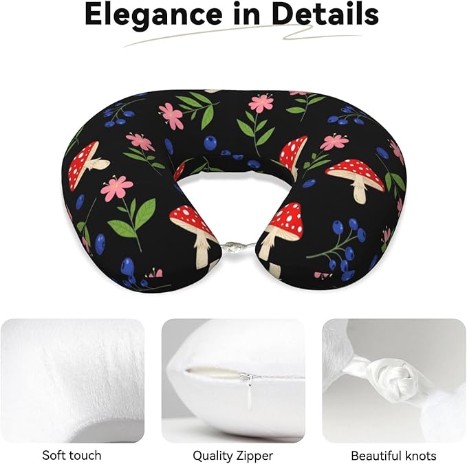 Travel Neck Pillows for Sleeping Rest Car Airplanes Floral Blueberry Red Mushrooms, Memory Foam with Removable Breathable Zipper Cover Washable for Men Women