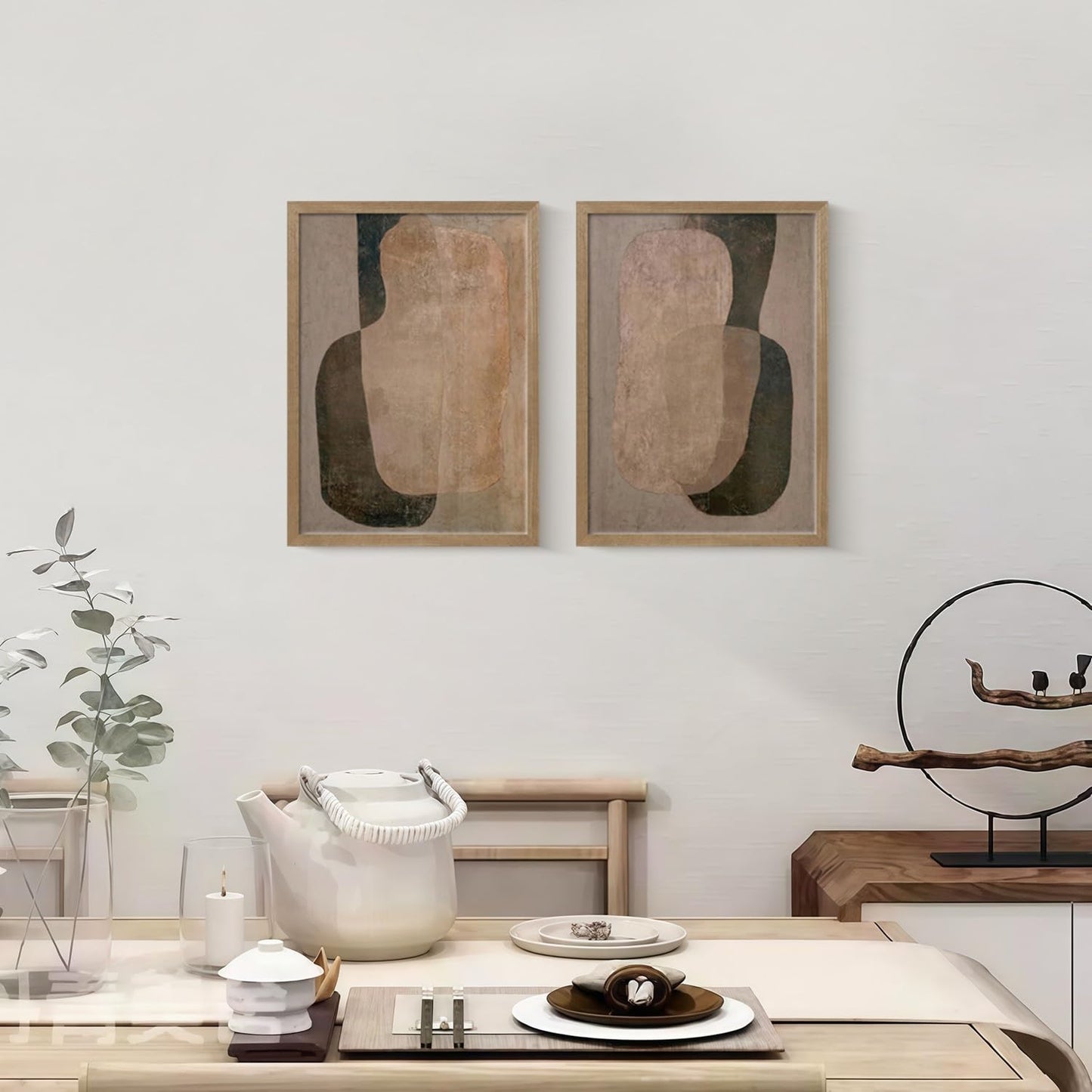 Framed Neutral Abstract Canvas Wall Art 2Pcs Wabi Sabi Wall Deco 24x16 Inch