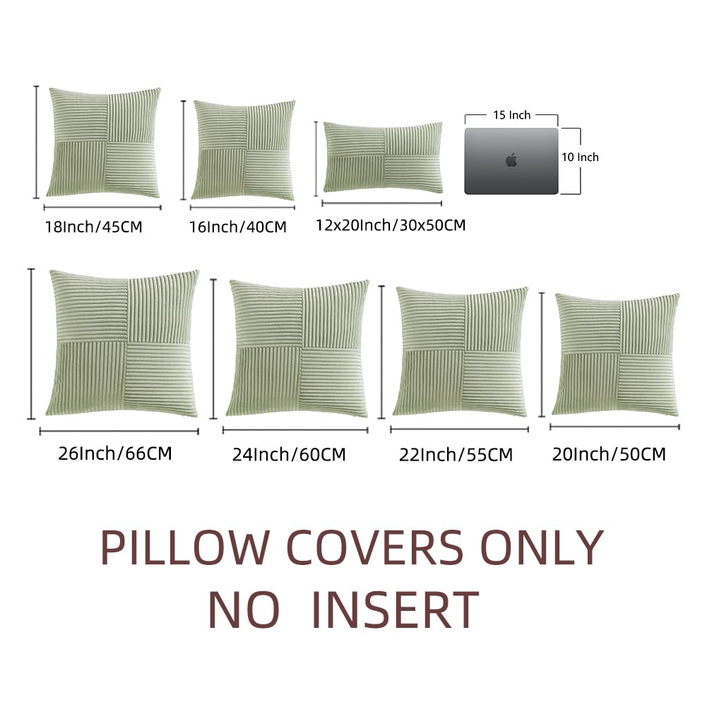 Fancy Homi 2 Packs Sage Green Decorative Throw Pillow Covers 20x20 Inch for Living Room Couch Bed Sofa, Farmhouse Boho Home Decor, Soft Corss Corduroy Patchwork Accent Square Cushion Case 50x50 cm