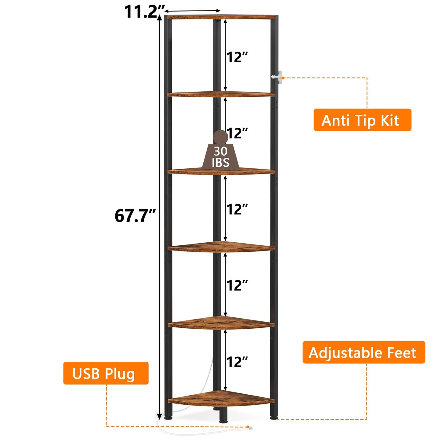 Furnulem 6 Tier Corner Shelf with LED Light, 67.5” Tall Standing Shelf Organizer, Narrow Bookshelf with Storage Rack for Wall Corner, Living Room, Bedroom, Metal Frame, Wood Display Shelf