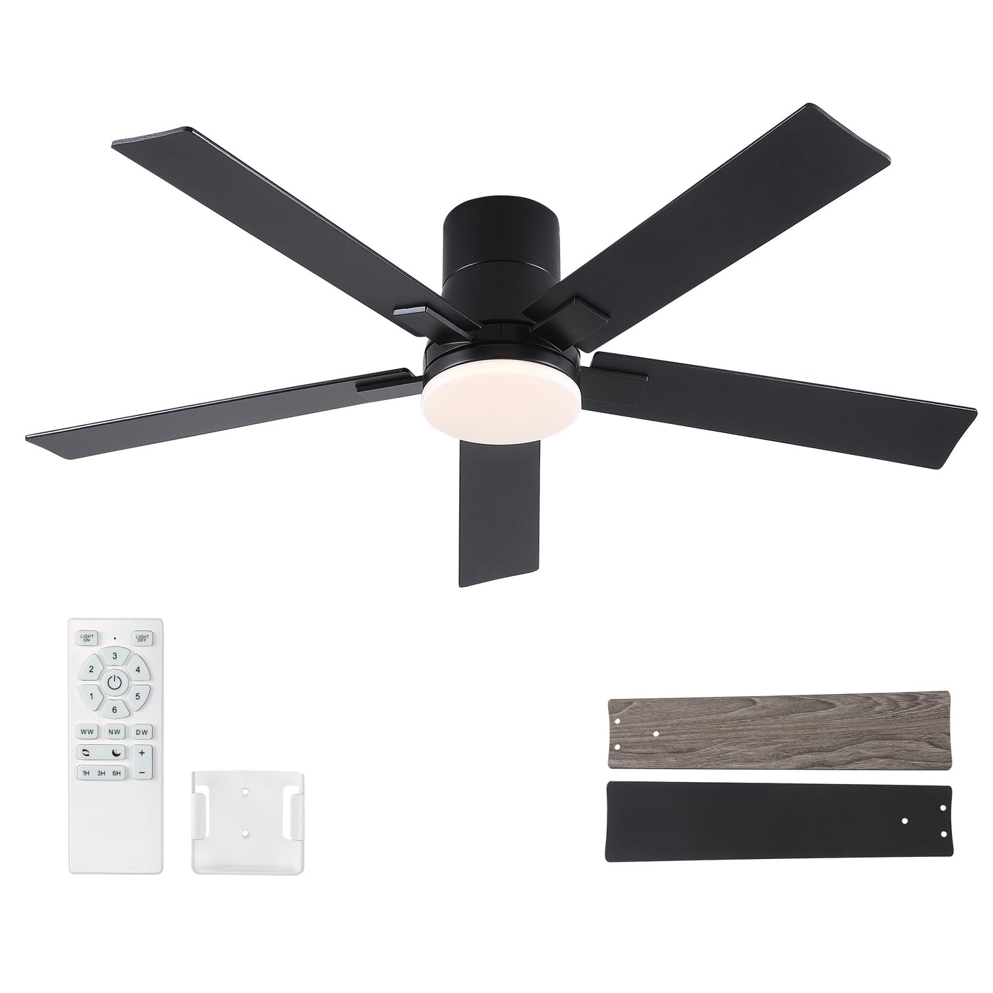 52 Inch Ceiling Fans with Lights and Remote,Flush Mount Black Ceiling Fan with 5 Blades,6 Speed Reversible DC Motor,3CCT Dimmable LED-Low Profile Design for Bedroom, Living room & Covered Outdoor