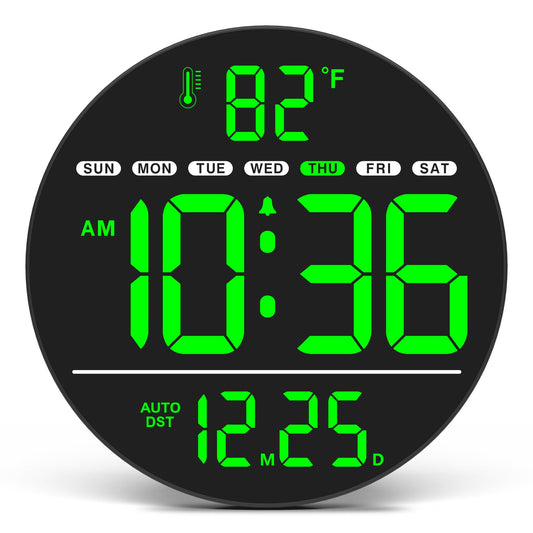 WallarGe Large Digital Wall Clock with LED Display, Electric Wall Clock with Temperature, Auto DST, Date, and Day, 5-Level Brightness for Office, Bedroom, Living Room, Classroom Décor