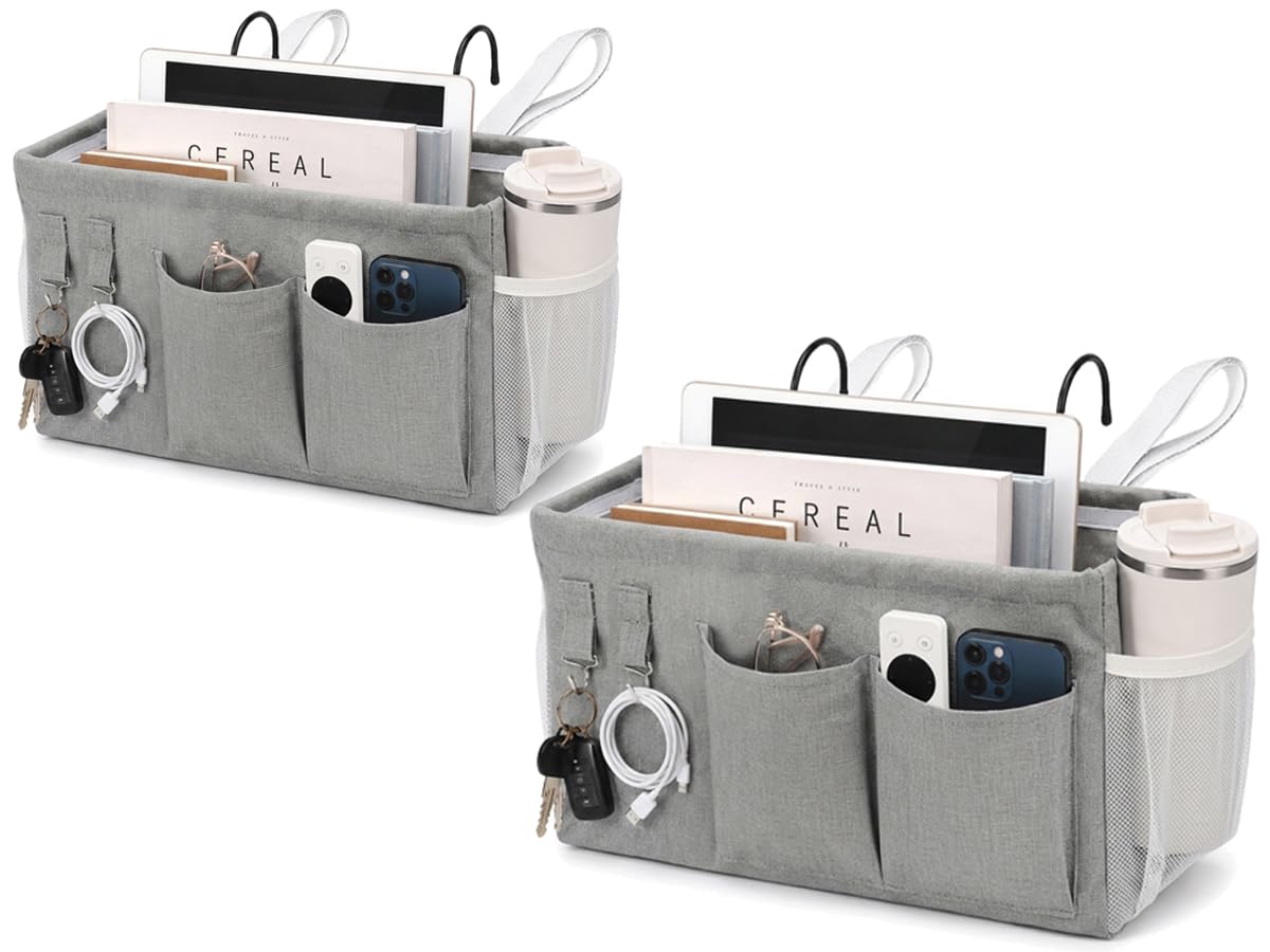 2pc Bedside Caddy Organizer with Hooks, No-Sagging Canvas Hanging Bed Pocket with Water Bottle Holder, Bedside Storage for Dorm Room Essentials, Bunk Bed Accessories, Hospital Bed Rails & Crib (gray)