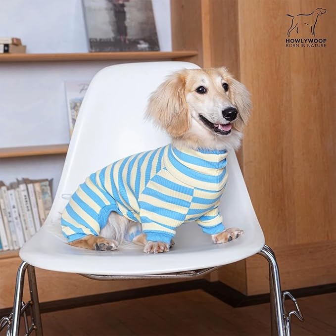 HowlyWoof Dachshund Dog Shirt, Thin Striped Base Layer Onesie for Wiener Dogs, Lightweight All-Season Wear, Soft & Comfy Fit for Doxie and Short-Leg Breeds (Blue&Yellow, Size 1 (7-11lbs))