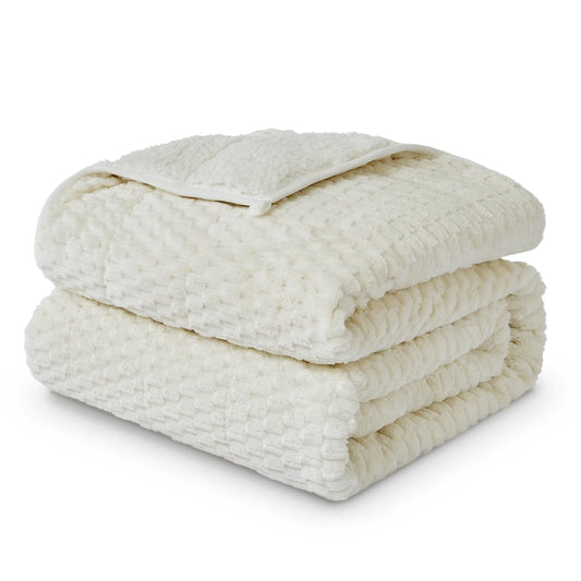 Weighted Blanket Queen Size for Adults,15lbs Jacquard Sherpa Heavy Blanket for Calming and Relax, Dual Sided Ultra Soft Fuzzy Throw Blanket with Glass Beads, 48" x 72", Cream White