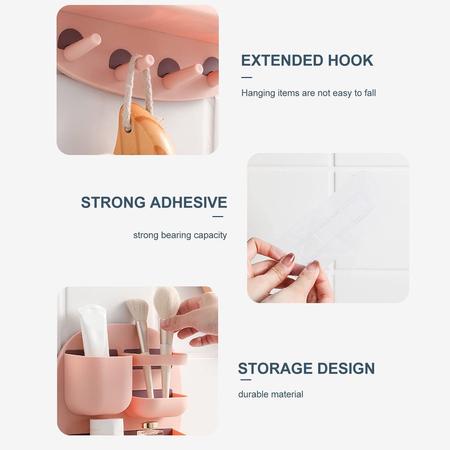 Kukyller Wall Mount Storage Box, Floating Bedside Shelf Wall Mount Adhesive Bedside Shelf Accessories Organizer with Hooks for Phone Remote (Pink)