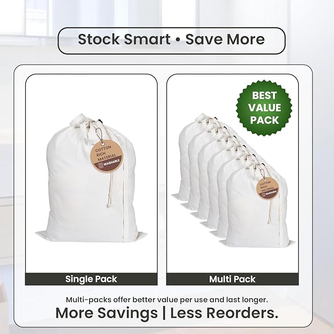 LFH Home Cotton Canvas Large Laundry Bag with Handle, Heavy Duty Drawstring Closure Washable Laundry Bags, School Travel, Home, Hotel, College Dorm, Organizer Sack, Toy Clothes 28x36 (Pack of 6)-White