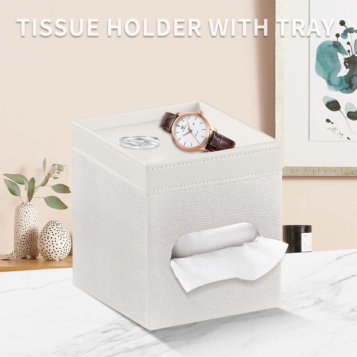 Tissue Box Cover Square, PU Leather Tissue Cube Box Holder with Storage Valet Tray, Decorative Tissue Holders, Modern Tissues Case Napkin Dispenser Facial Paper Organizer for Bathroom Vanity