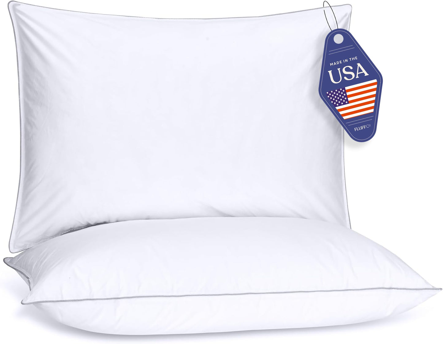 FluffCo Basics Down Alternative Bed Pillows - Cooling Cotton Shell with Supportive Gel-Fiber Fill - Pillows for Side, Back, and Stomach Sleepers - Made in USA - Standard/Queen Size, Set of 2